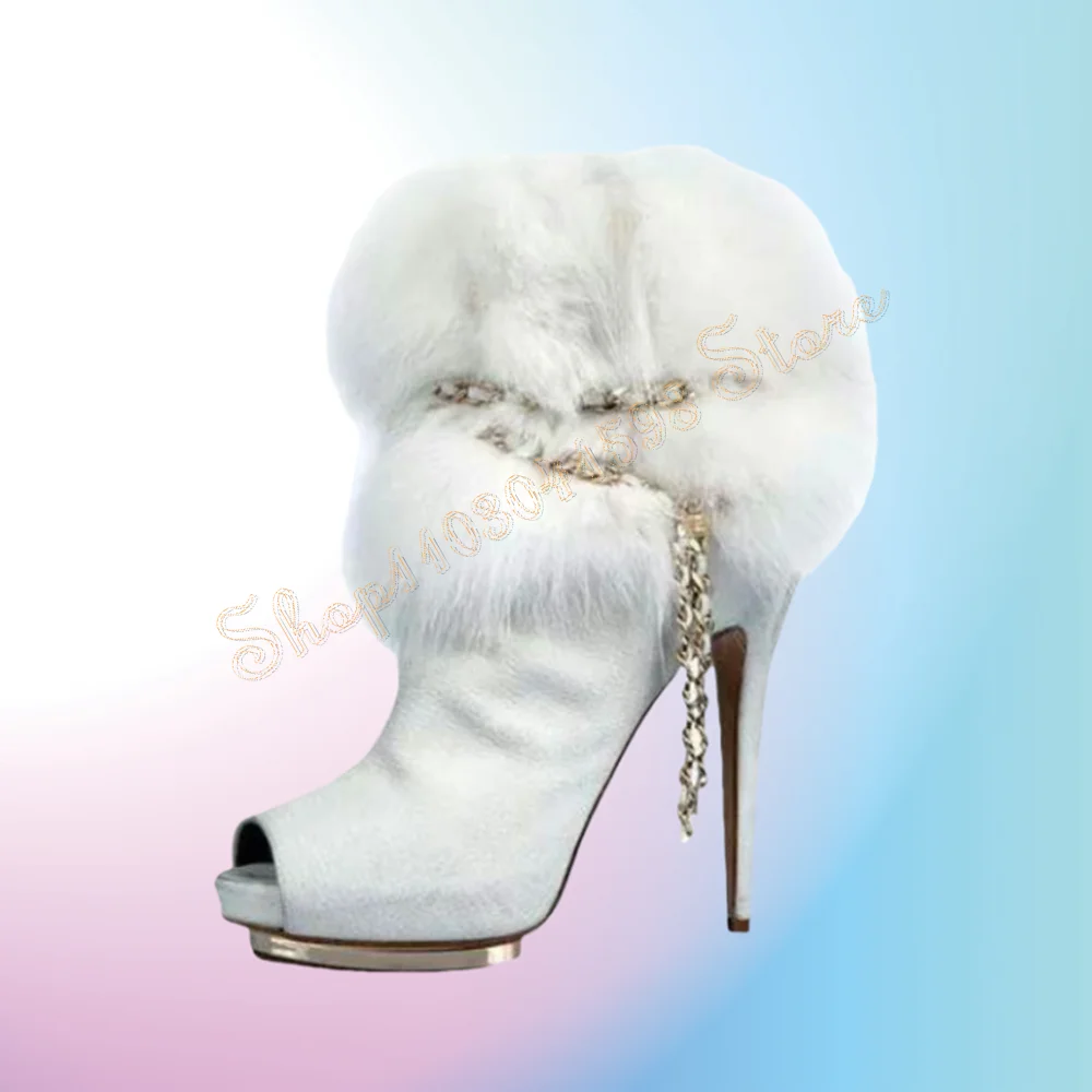 

White Feather Decor Chain Decor Boots Peep Toe Fur Decor High Heel Shoes for Women Heels 2024 New Zapatos Para Mujere