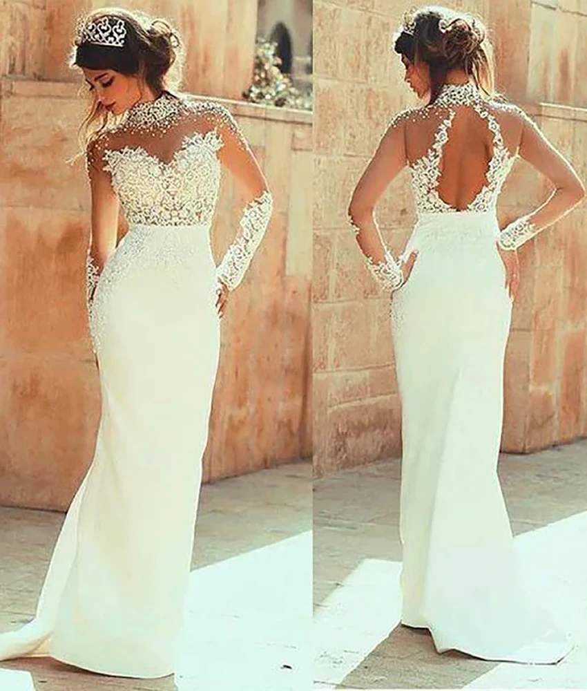 

Customized Exquisite Jersey Mermaid Appliques Beading Pearls Evening Dress High Quality Long Sleeves High Collar prom dresses