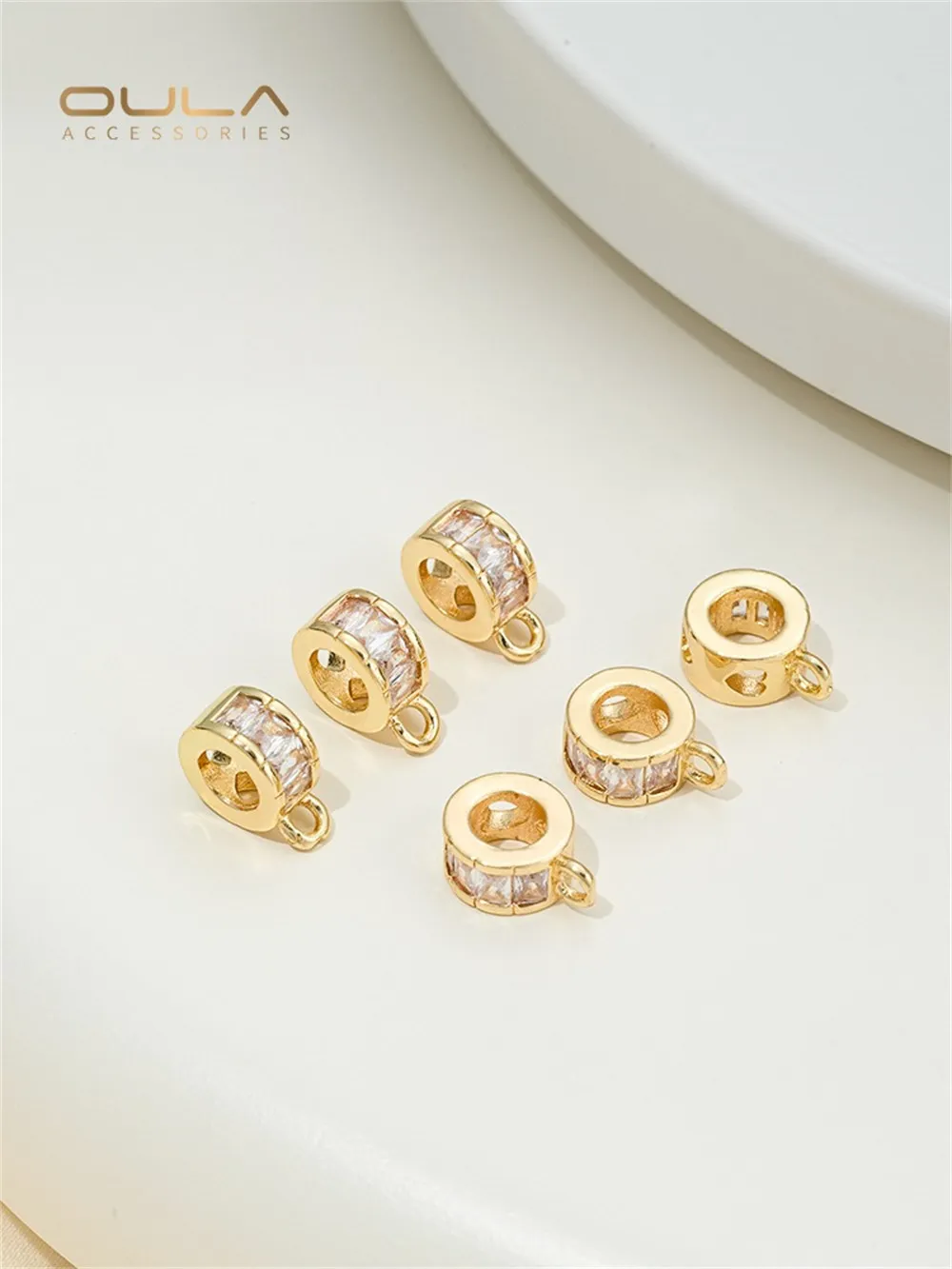 14K Gold-plated, Zircon Bead, Wheel Barrel Bead with Lifting Ring, Double-sided Flower Stand, Diy Hand-strung Pearl Accessory