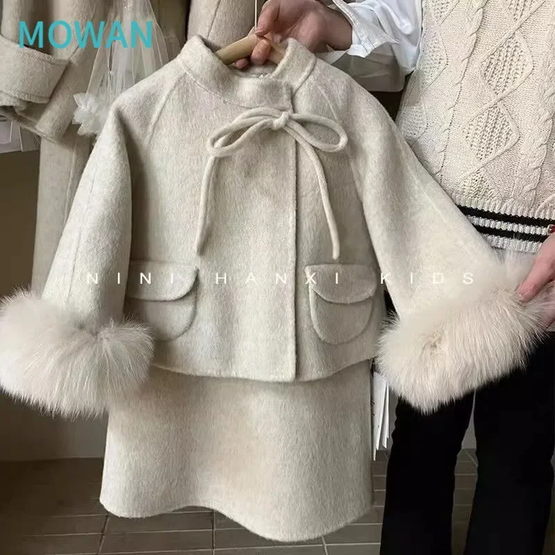 Korean children clothing girl woolen jacket autumn and winter style girl western-style vest skirt fur edge woolen coat trend