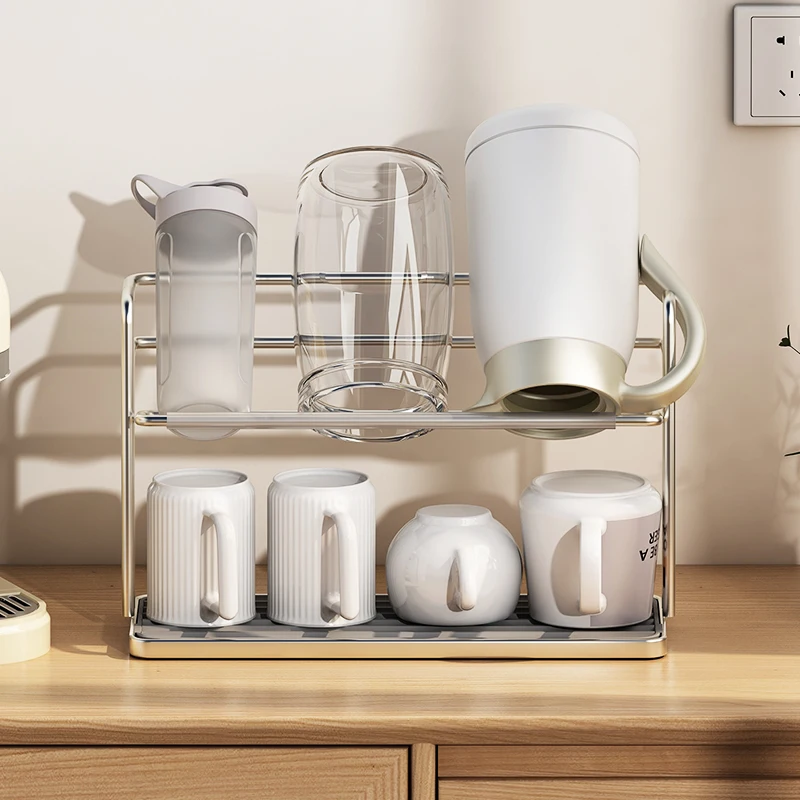 Kitchen Stainless Steel Double-layer Water Cup Rack Hanging Upside Down Teacup Storage Rack Household Tray Shelf