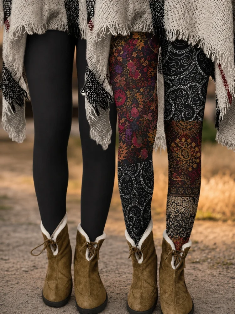 New Women's Milk Silk Base Leggings - High-Waist Elastic Anti-Wrinkle Design, Retro Bohemian Floral Scroll Mandala Patchwork Print and Pure Black Fitted Base Leggings. Suitable for Layering as Undergarments in Autumn and Winter.
