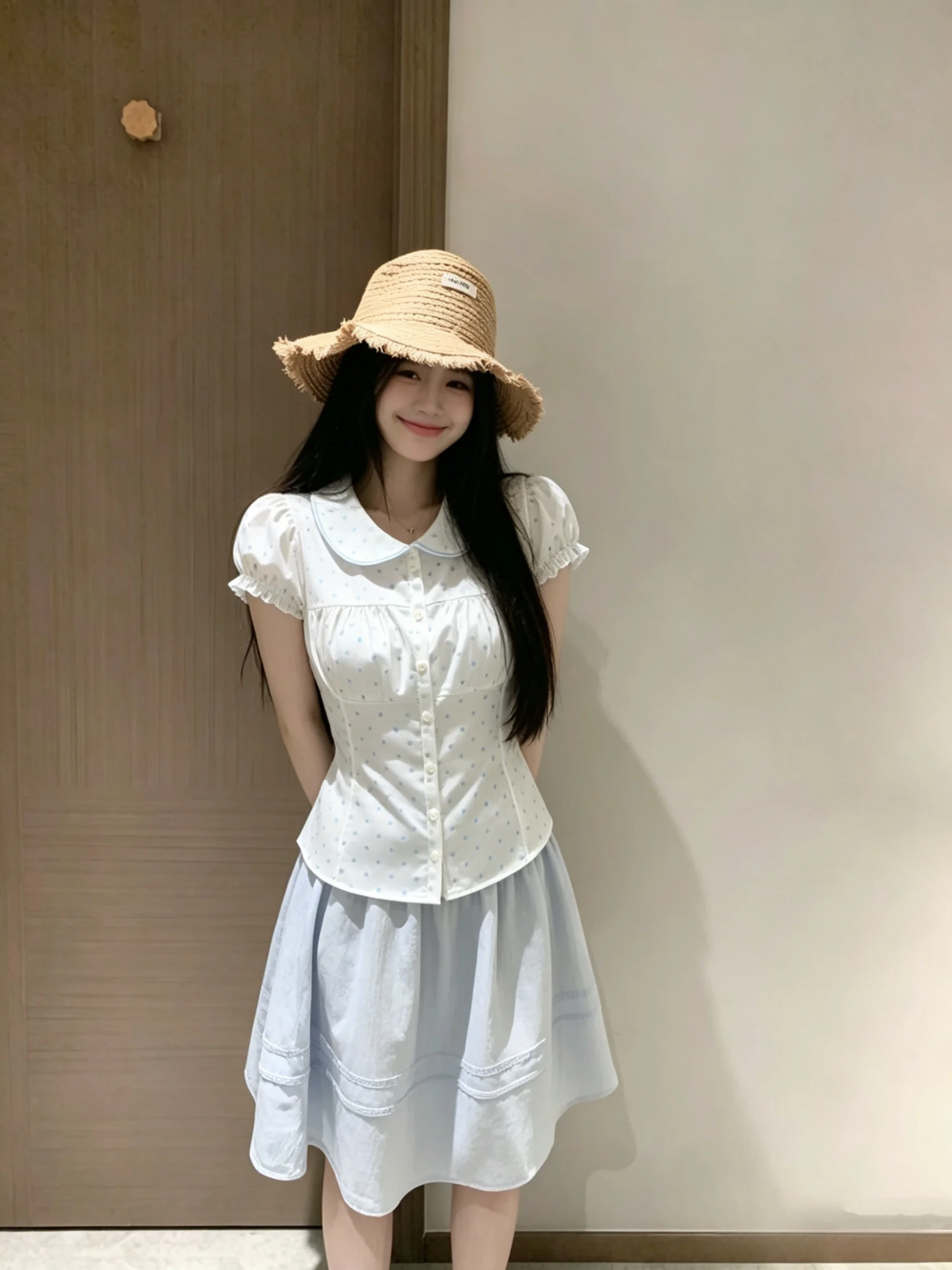 

Kumikumi Sweet Summer Polka Dot Doll Collar Short Sleeve Women's Shirt Waist Cinching Slimming Outerwear Top Korean Style