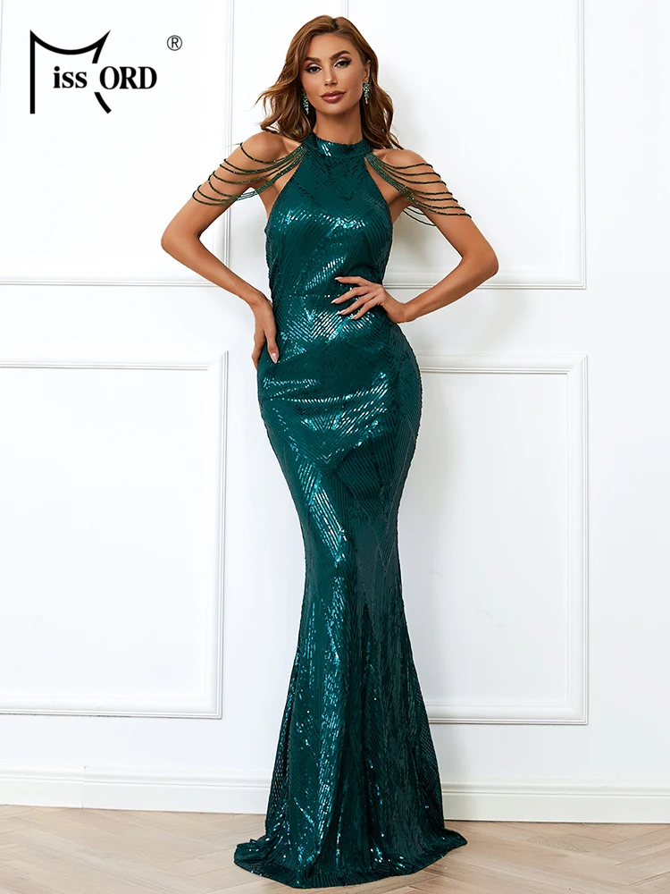 Missord Elegant Green Sequin Party Dress Women Halter Sleeveless Tassel Bodycon Wedding Prom Floor-Length Dresses Evening Gown