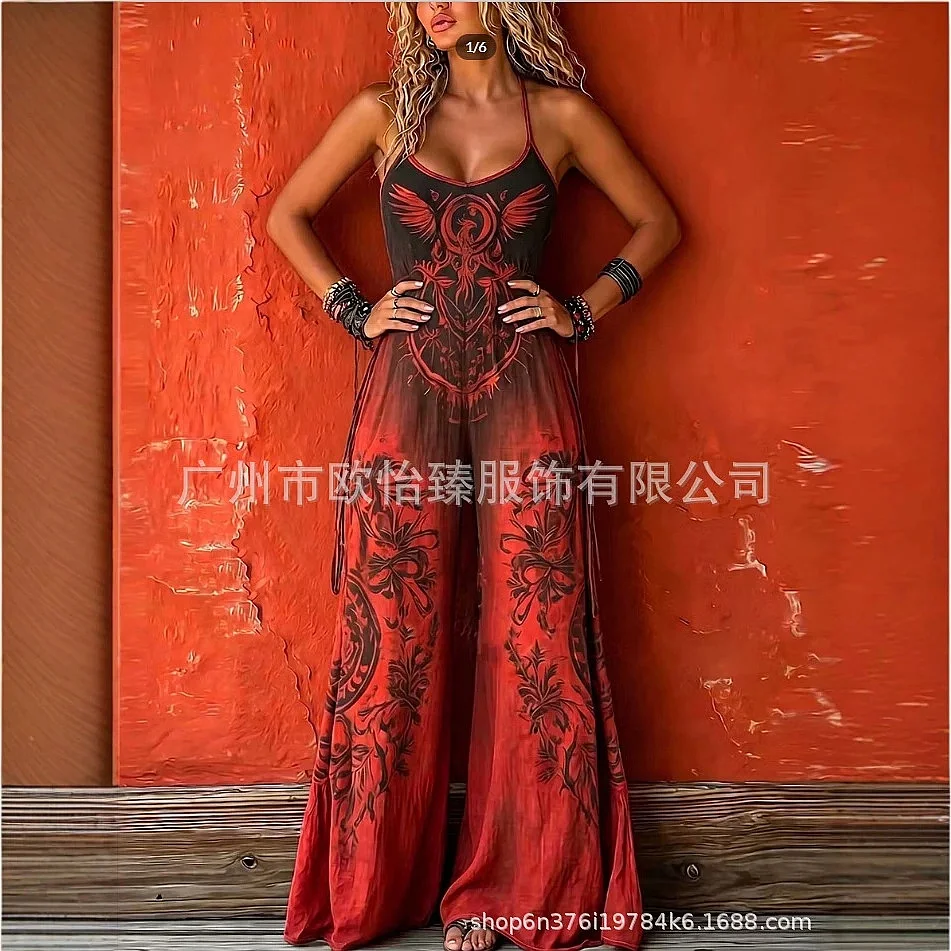 Bohemian Print Tie Front Strap Jumpsuit Overall Romper Playsuit Spring Summer Boho Stretchy One Piece