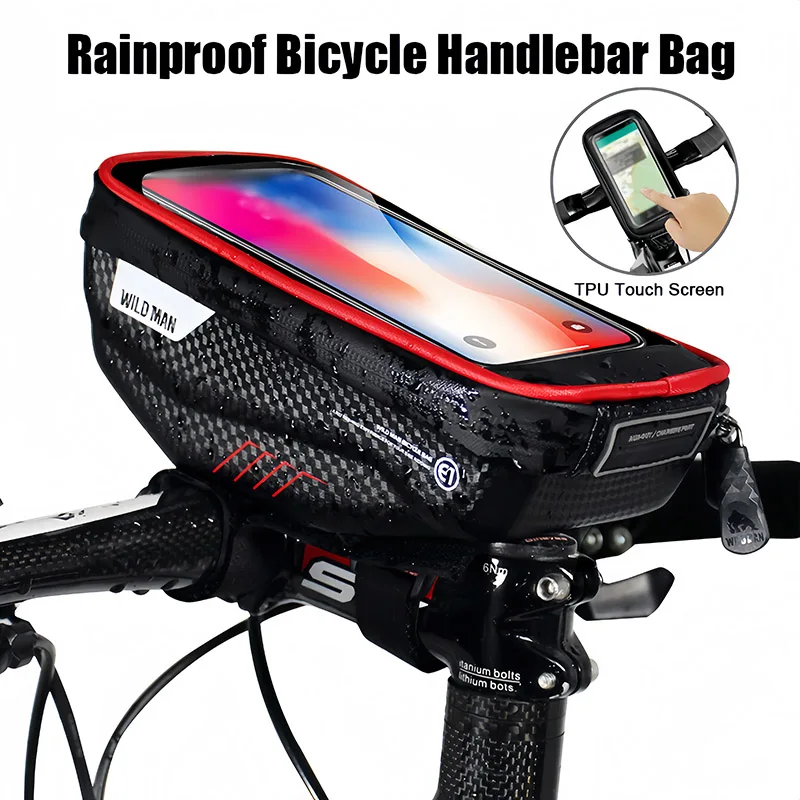 WILD MAN Bike Handlebar Bag Rainproof 5.8/7.0 Inch Phone Case Touch Screen Bicycle Bag Top Front Tube Bag Cycling Accessories