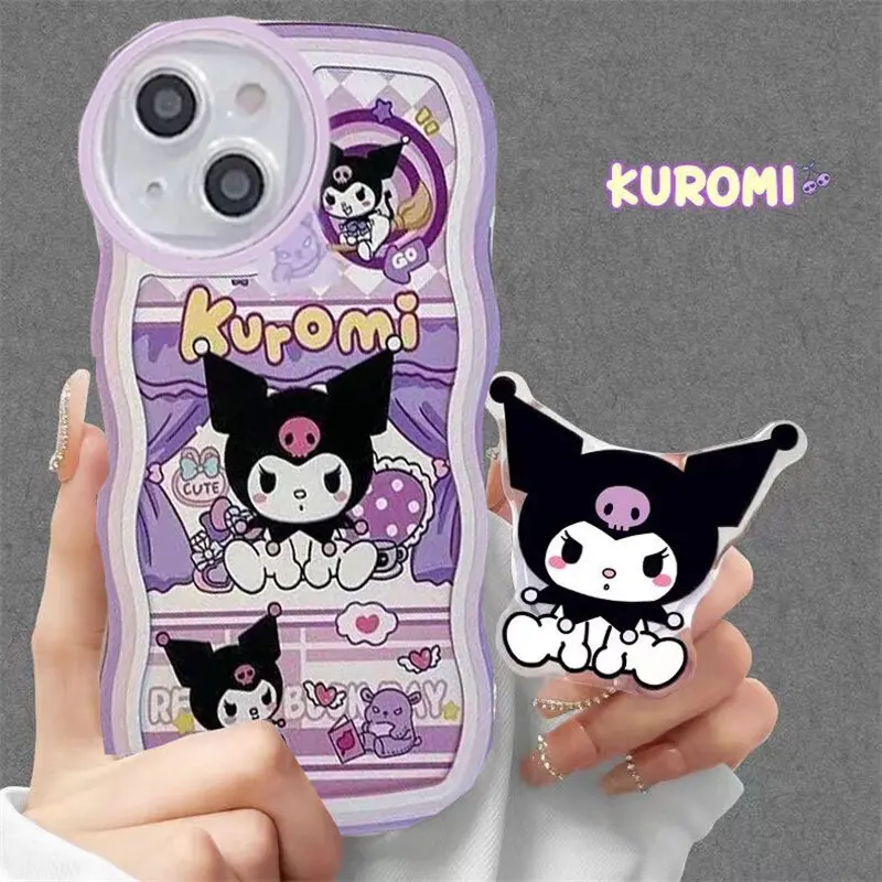 Kuromi Cinnamoroll Grip Tok Holder Soft Phone Case For IPhone 15 14 13 Pro Max 11 12 Mini 16Pro X XR 7 8 6 6S Plus Wavy Cover