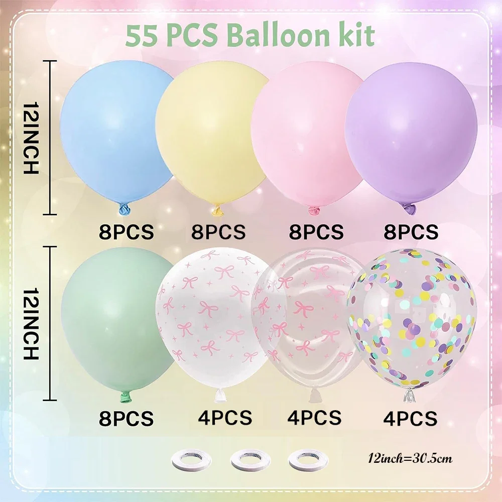 55pcs Pastel Rainbow Pink Blue Purple Bow Balloons Set for Girls Princess Birthday Babyshower Bridal Shower Party Decorations