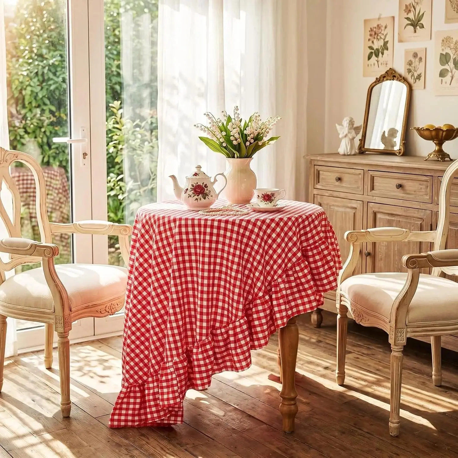 Farmhouse Gingham Tablecloth Red White Vintage Round Christmas Plaid Checkered Table Cloth for Party Picnic Kitchen Dining Room