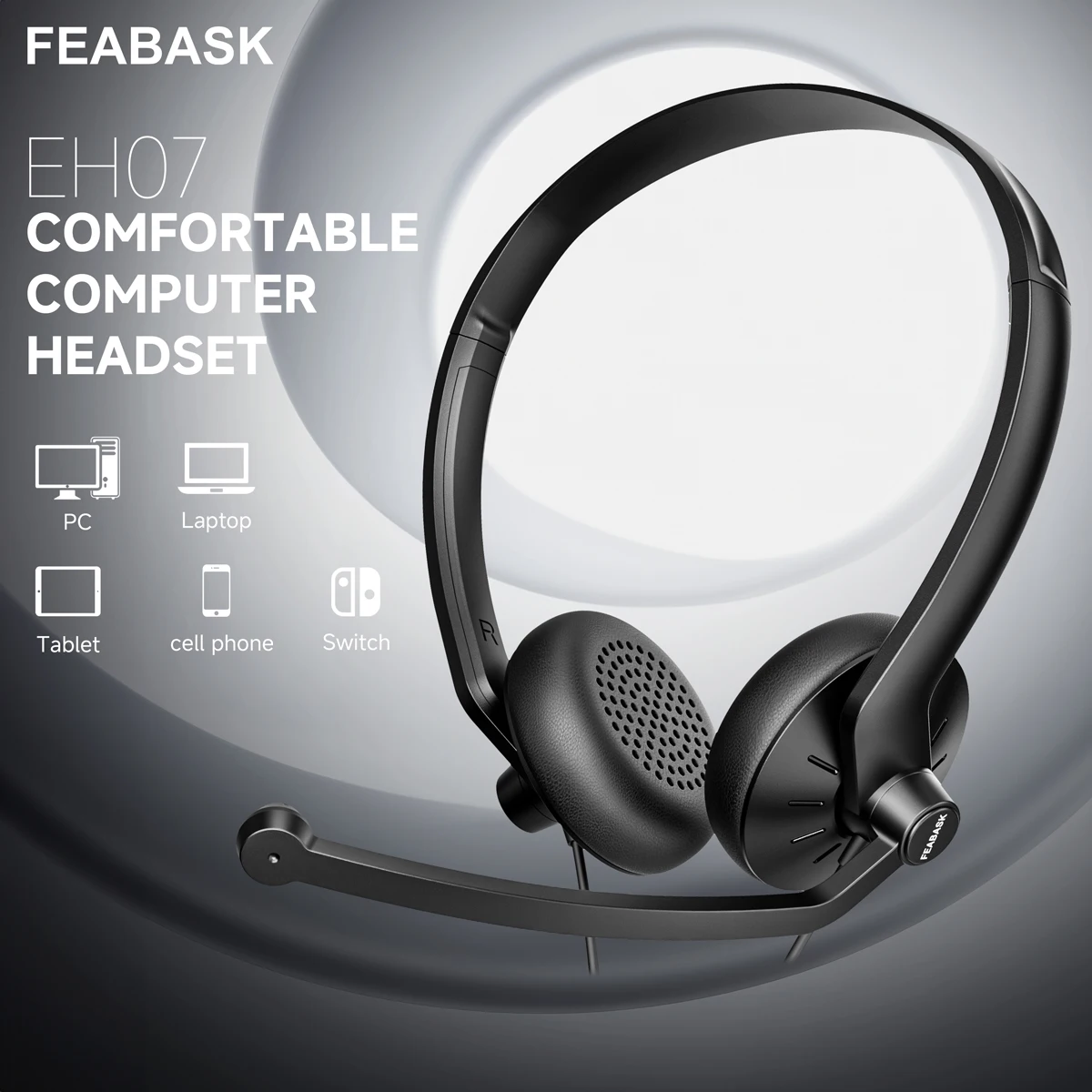 FEABASK USB Headset with Mic for PC Laptop Wired Computer Headphones for Office Online Class Skype Zoom Meetings Mute Controls