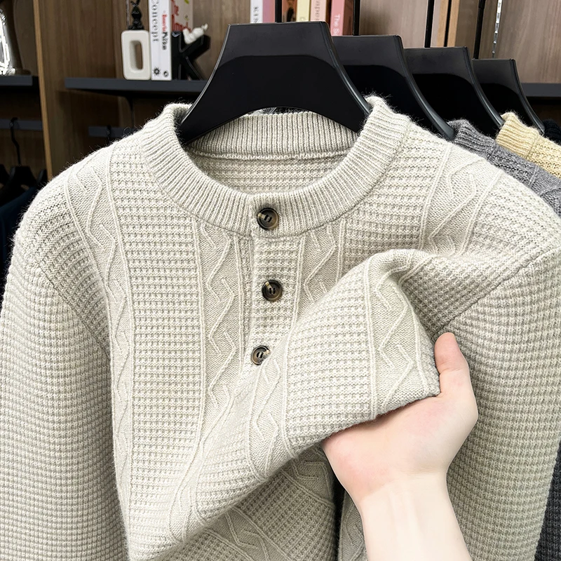 Fashion thickened warm knitted sweater high-quality men solid color jacquard autumn winter pullover luxury button round neck top