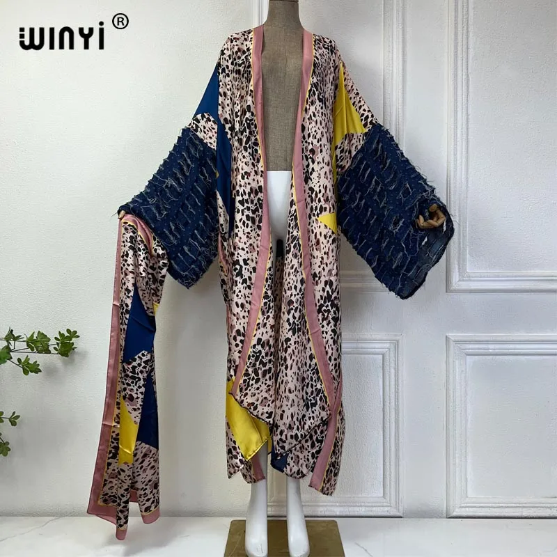 WINYI kimono Afrika gaun maxi pakaian pantai penutup elegan Cardigan pakaian pantai untuk wanita mode cetak Jeans desain mantel seksi