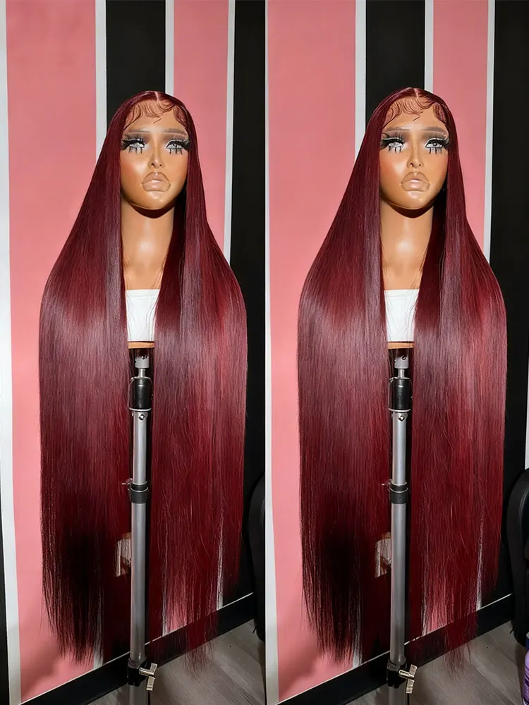 

99j Бордовый парик из натуральных волос на кружеве 38 дюймов 13x6 Прямые кружевные фронтальные парики HD Прозрачный кружевной цветной красный парик для женщин