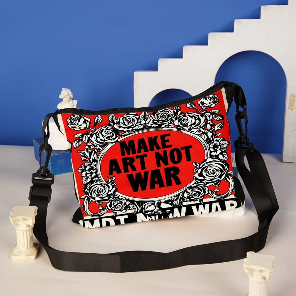 1pc Make Art Not War Crossbody Bag Red Black And White Rose Pattern And Text Shoulder Bags For Women Men Streetwear Fashion Casu