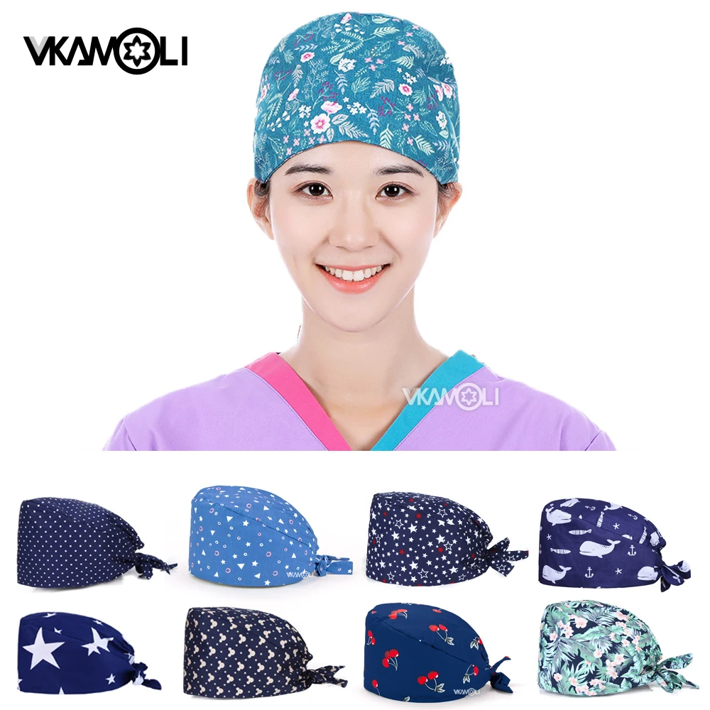 

new Unisex cotton Flowers Cartoon print hats adjustable Scrub hat beauty salon laboratory pet shop Scrub Cap