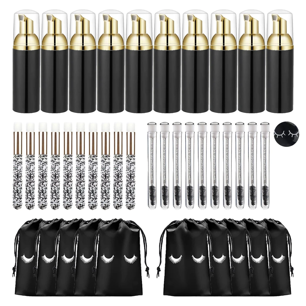 Lash Shampoo Kit 40Pcs 60ml Empty Foam Pump Bottle Eyelash Extension Cleanser Brush Mascara Wands EVA Storage Bag Lash Supplies
