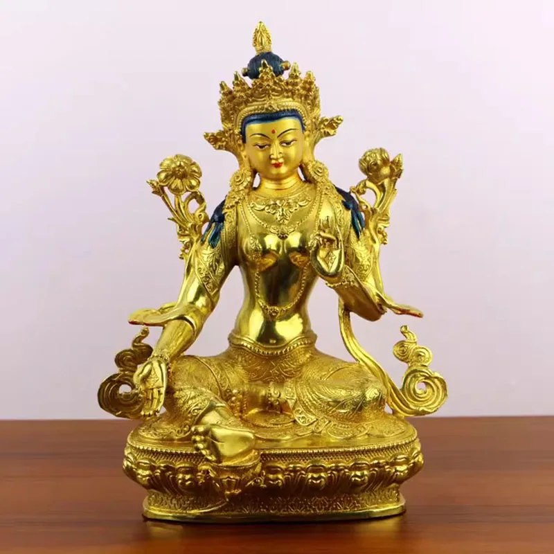 Statue de Tara blanche et verte, double incarnation compassionnelle - Cuivre doré népalais, confère longévité et sagesse, sacré bouddhiste