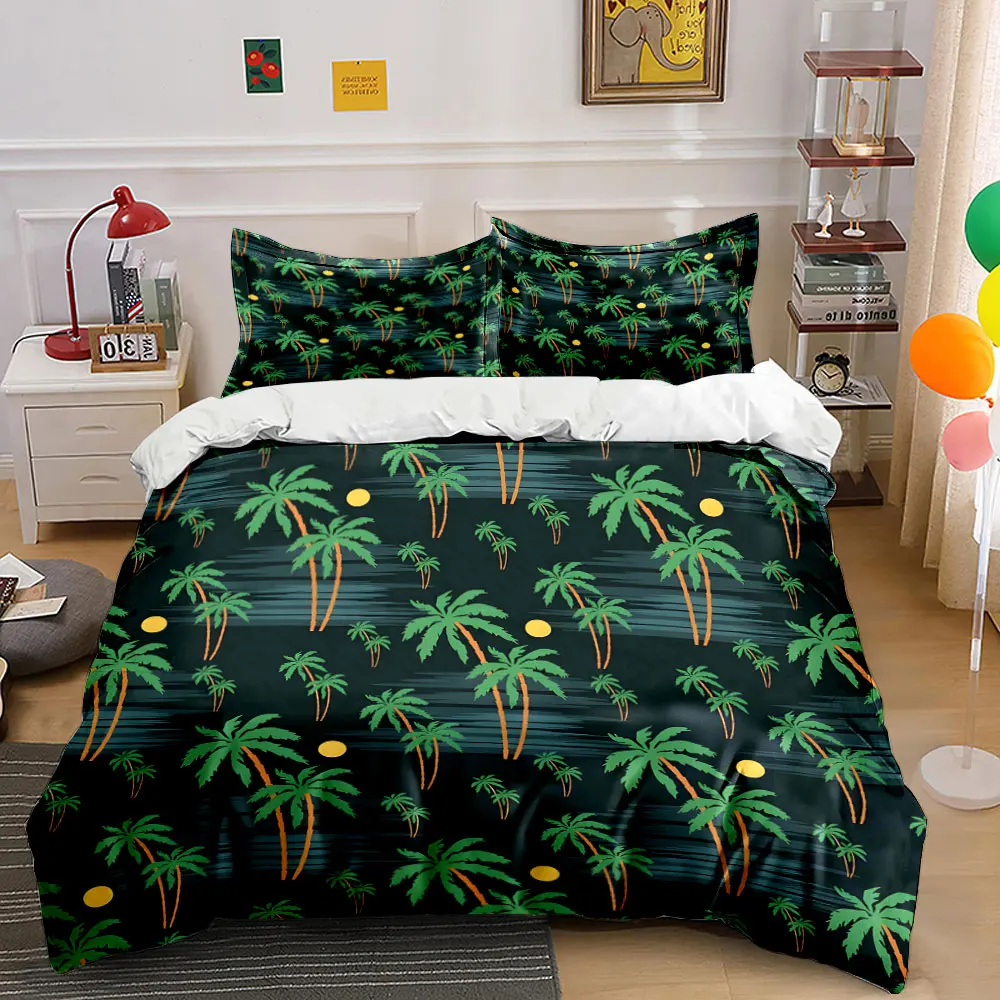 Tropical Palm Trees and Moonlit Scene Printed Duvet Cover Set1 Duvet Cover+2 PillowcaseMulti Size Bedroom Bedding Decoration