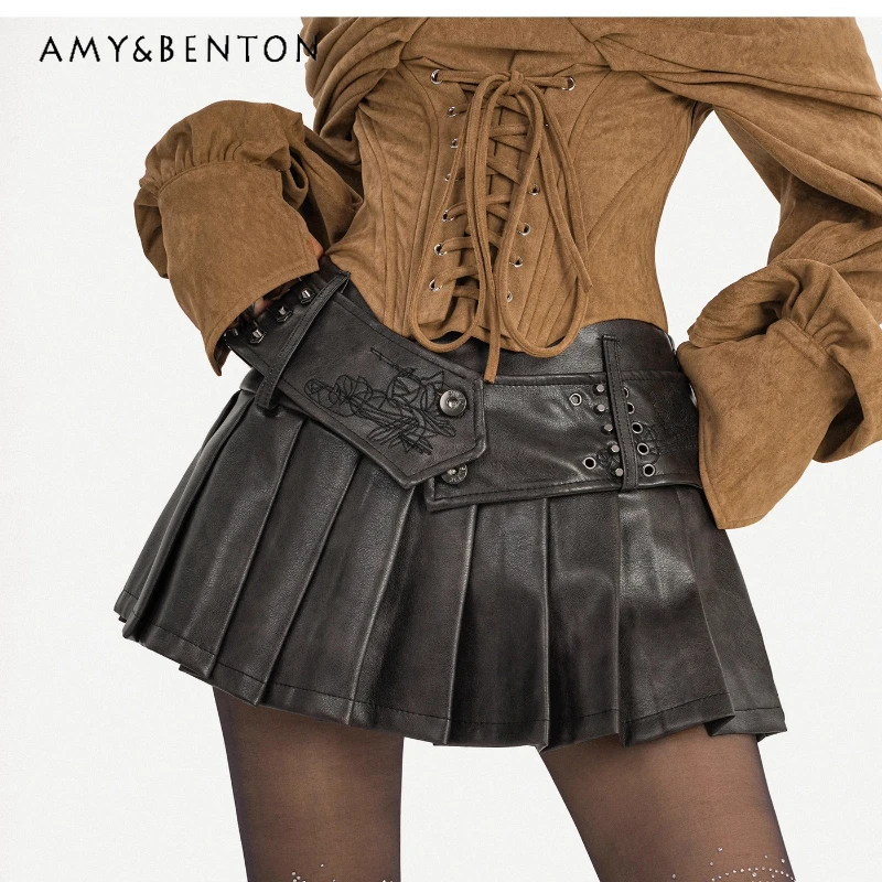 

Autumn Winter New Women's Leather Short Skirt Vintage Design Sweet Cool Sexy Hot Girl Versatile A-line Pleated Skirts Ladies