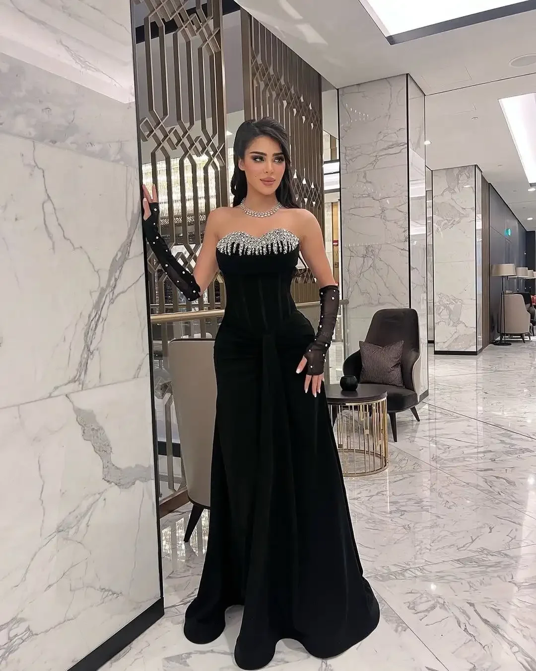 Customized Evening Dresses Long Saudi Beadings Black Prom Dresses vestidos de novia Zipper Floor Length High quality Retro