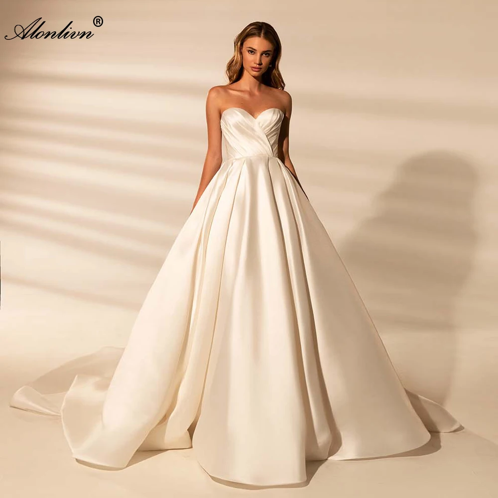 

Alonlivn Off The Shoulder A-Line Wedding Dress Vestido De Noiva Ruched Pleats Sweetheart Bridal Skirts