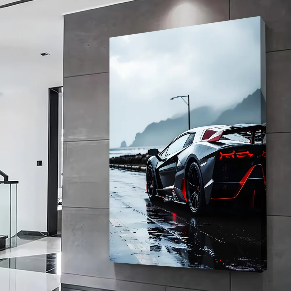 Sleek Sports Car on Wet Road Poster Customizable Printed Canvas Painting for Pictures Wall Art Aesthetic Decoration Wand Deko