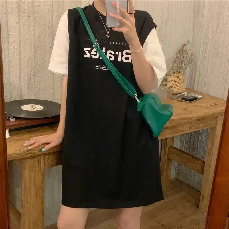 Oversized Women's Clothing Casual Korean Printing O-neck Short Sleeve Tshirt Dress Female Loose Letter Mid Length Top T-Shirt