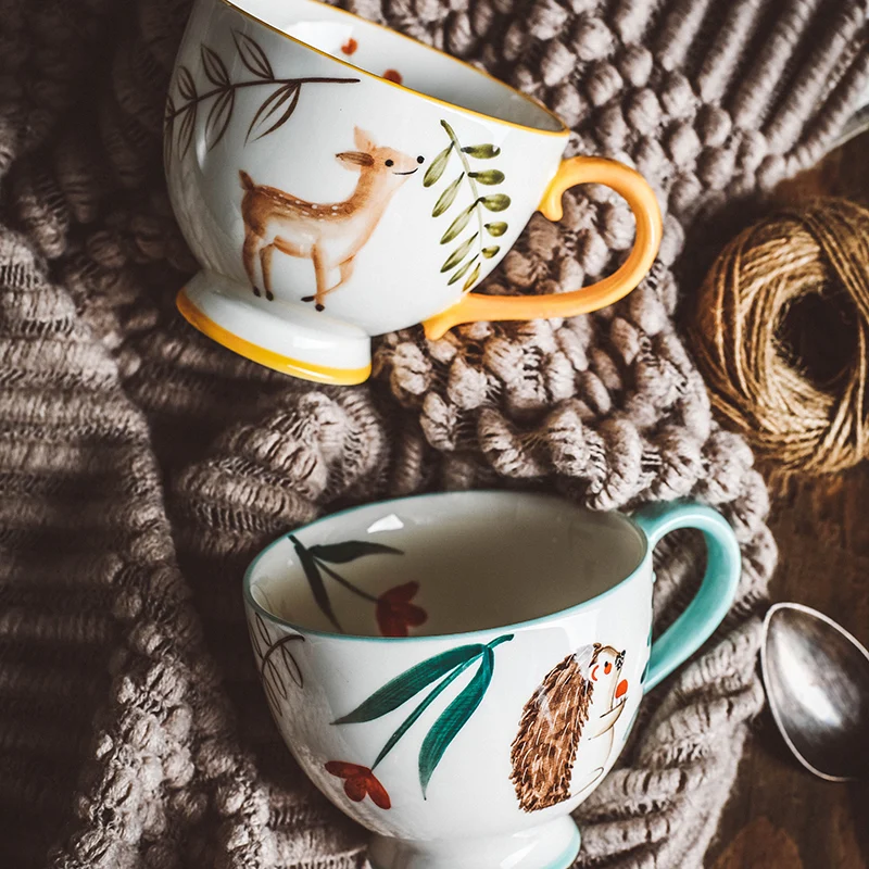 Hand Painted Porcelain Cat Fox Bird Hedgehog Deer Mugs Microwave Safe Vintage Kitchen Drinkware Cute Coffee Milk Oatmeal Tea Cup