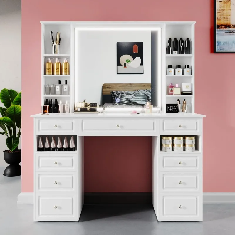 Extra Large Vanity Desk with Lighted Mirror,Huge Desktop Makeup Vanity Table with 9 Drawers,European Style Vanity