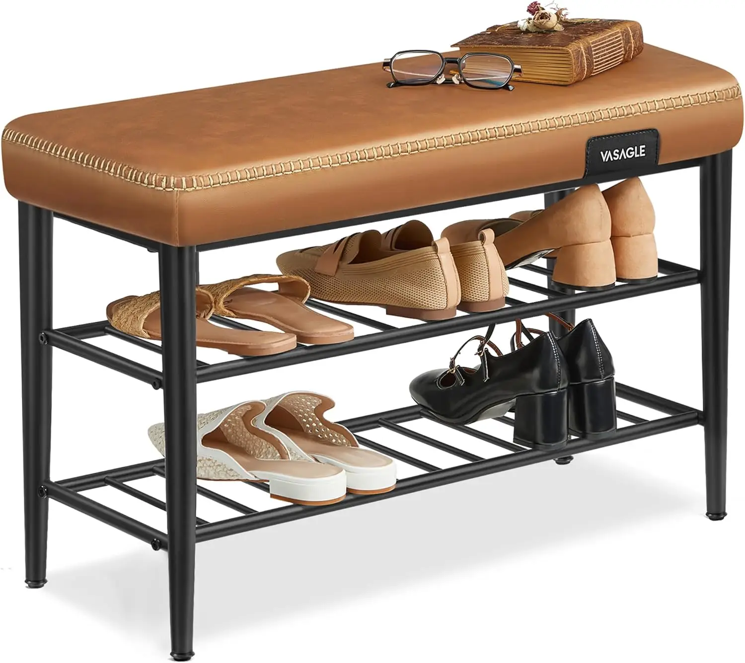 Shoe Bench, Storage Bench, Shoe Rack Bench Entryway, Synthetic Leather with Stitching, Loads 300 lb, 11.8 x 31.5 x 19.7 Inches