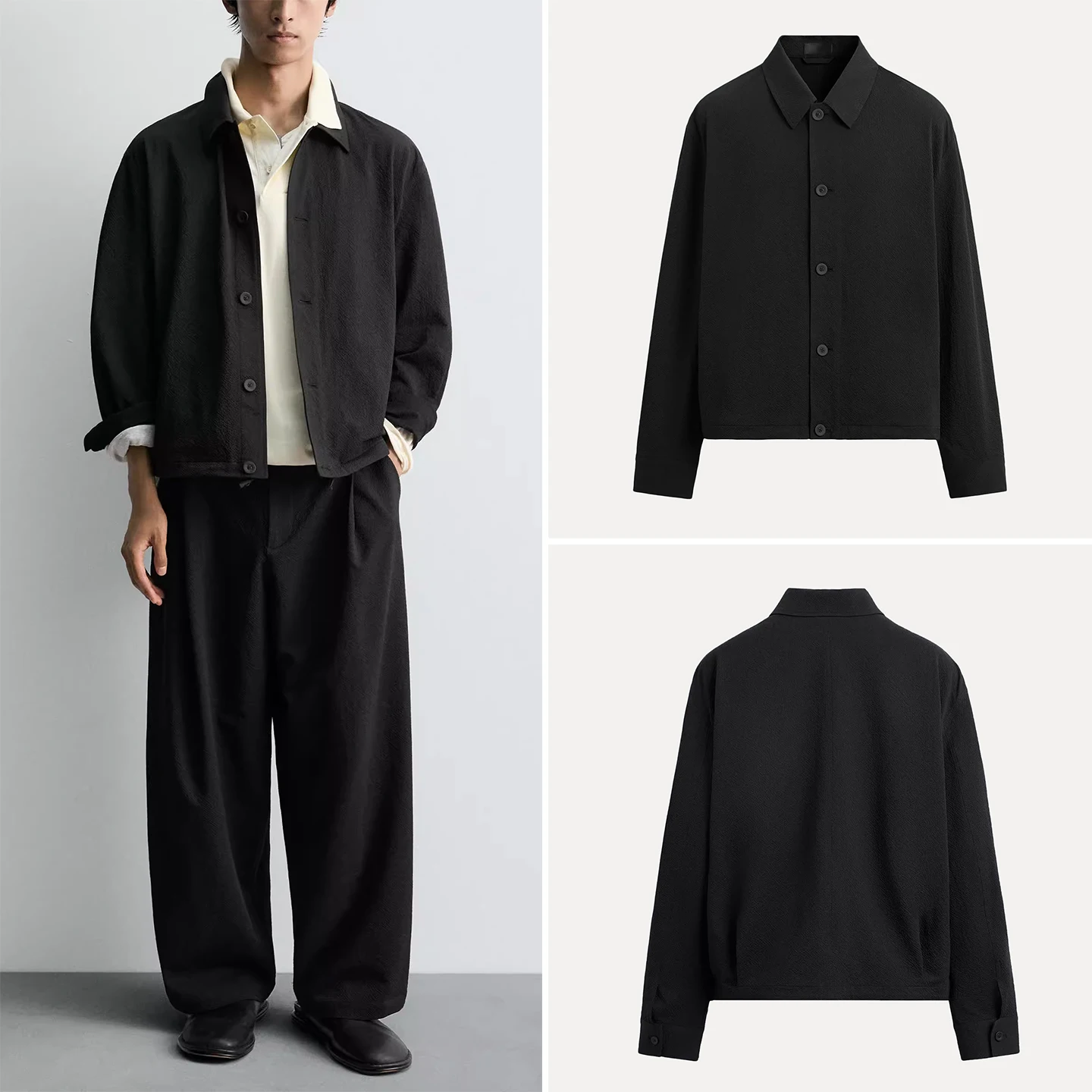 

Loose Fit Long Sve Bubble irt Jaet for Men Comfortable Breathable Autumn New Arrival ZDATA Collar Open Cardigan