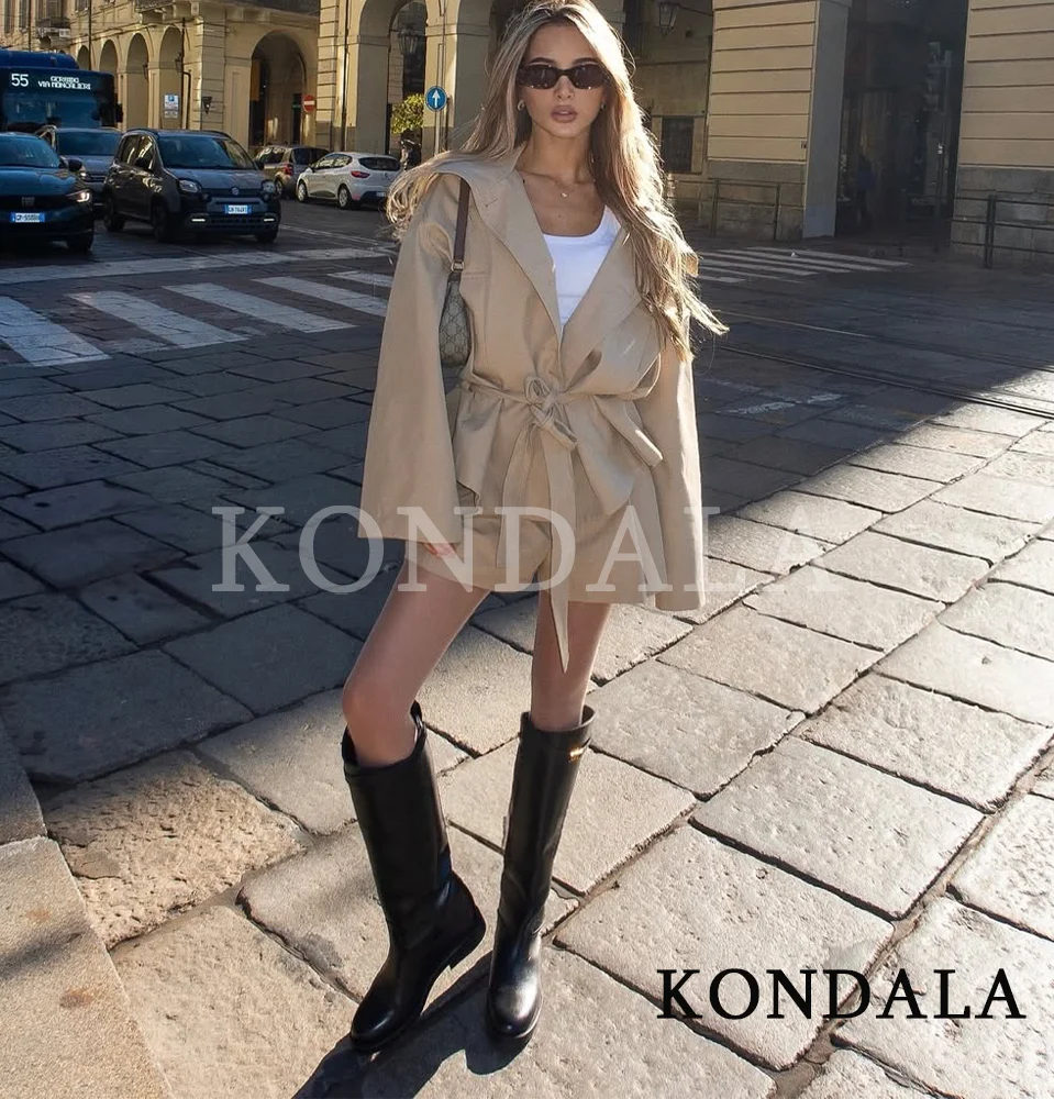 KONDALA Trendy High Street Trench Jacket Shorts Set Women Commute Belt Trench Coat,Pleated Shorts 2026 Spring Casual Holiday Set