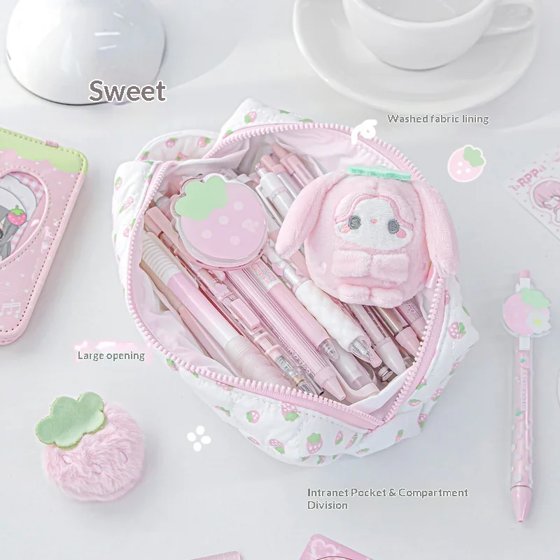 RosyPosy Strawberry Pencil Pouch Large Capacity Plush Filled Washable Lining Wide Opening Stationery Storage For Women School