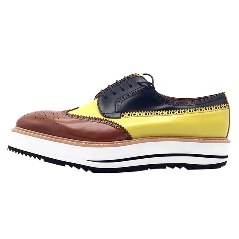 New Spring new contrast color carved muffin sole Brock Derby shoes lace-up cowhide thick sole large size small size men's shoes