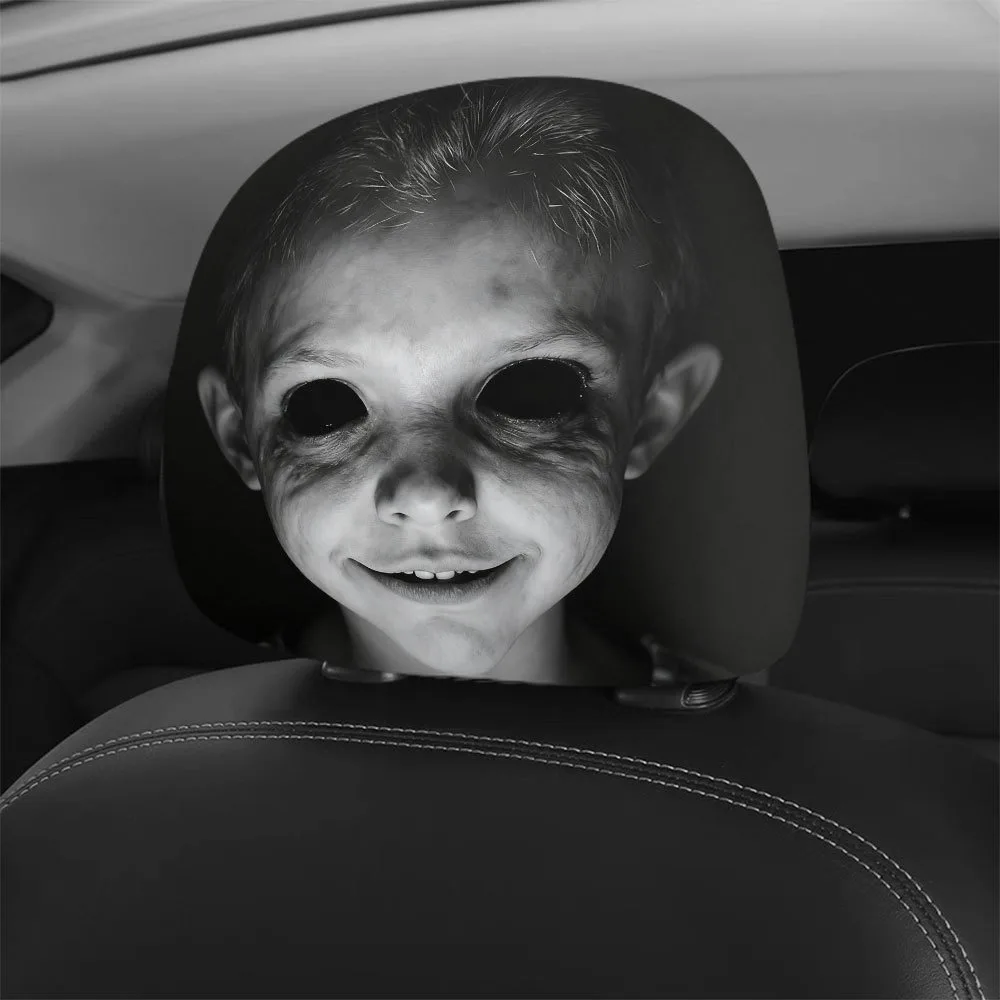 2pcs Car Headrest Covers Featuring Black Smiley Face Designs, Adding a Touch to Your Car's Interior. Easy to Install.