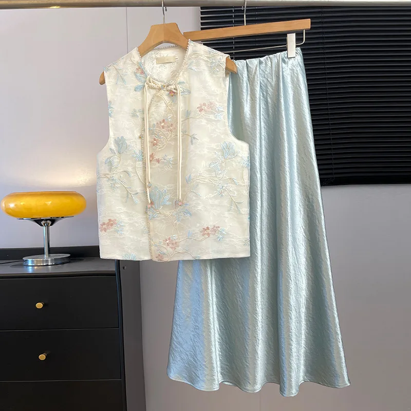 Yourqipao Summer Retro Fashion Vests Hanfu Round Neck Jacquard Embroidery Modified Vest Chinese Style Skirt Suit for Women