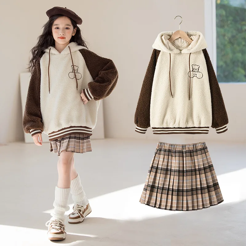 Teenager Girl Thicken Clothing Set School Girl Contrast Hooded Plus Velvet Pullovers+Plaid Pleated Skirt Sets For Children