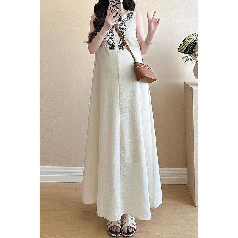 

EVNISI Pregnancy Dresses V-neck Vest Embroidered French Plus Size Dress Loose Elegant Long Dress Fashion New