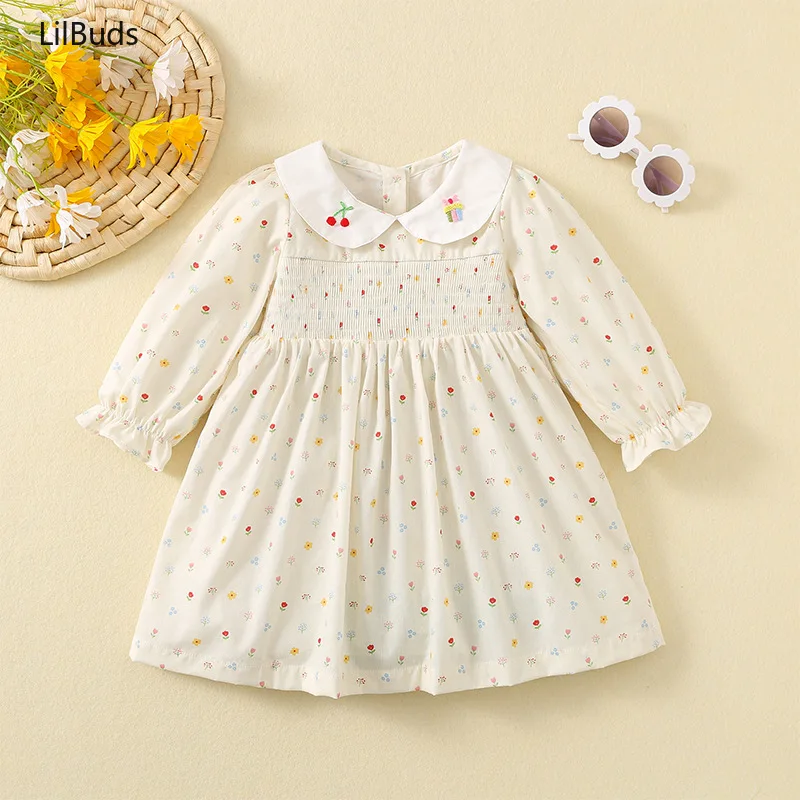 

2024 Korean Style Dress for Girls Embroidered Cherry Cake Printed Princess Clothes for Kids Children Matching Spring and Autumn