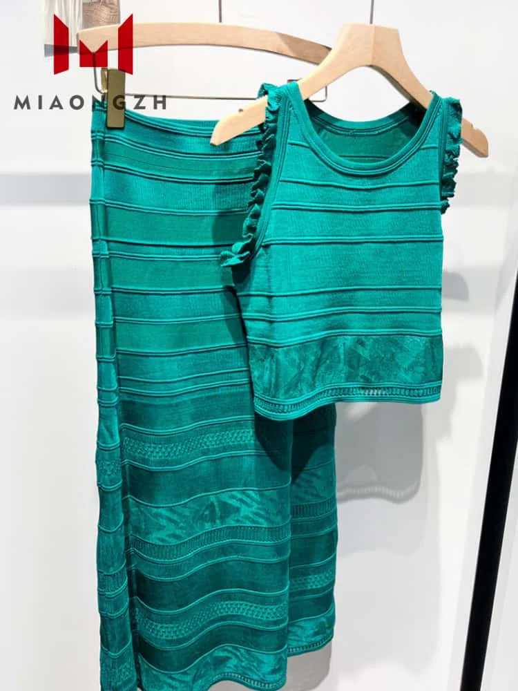 

Green Knitted For Women Sleeveless Striped Sets Elegant O Neck Slim Short Top Vest Or High Waist Midi Long Skirt 2025 Summer New