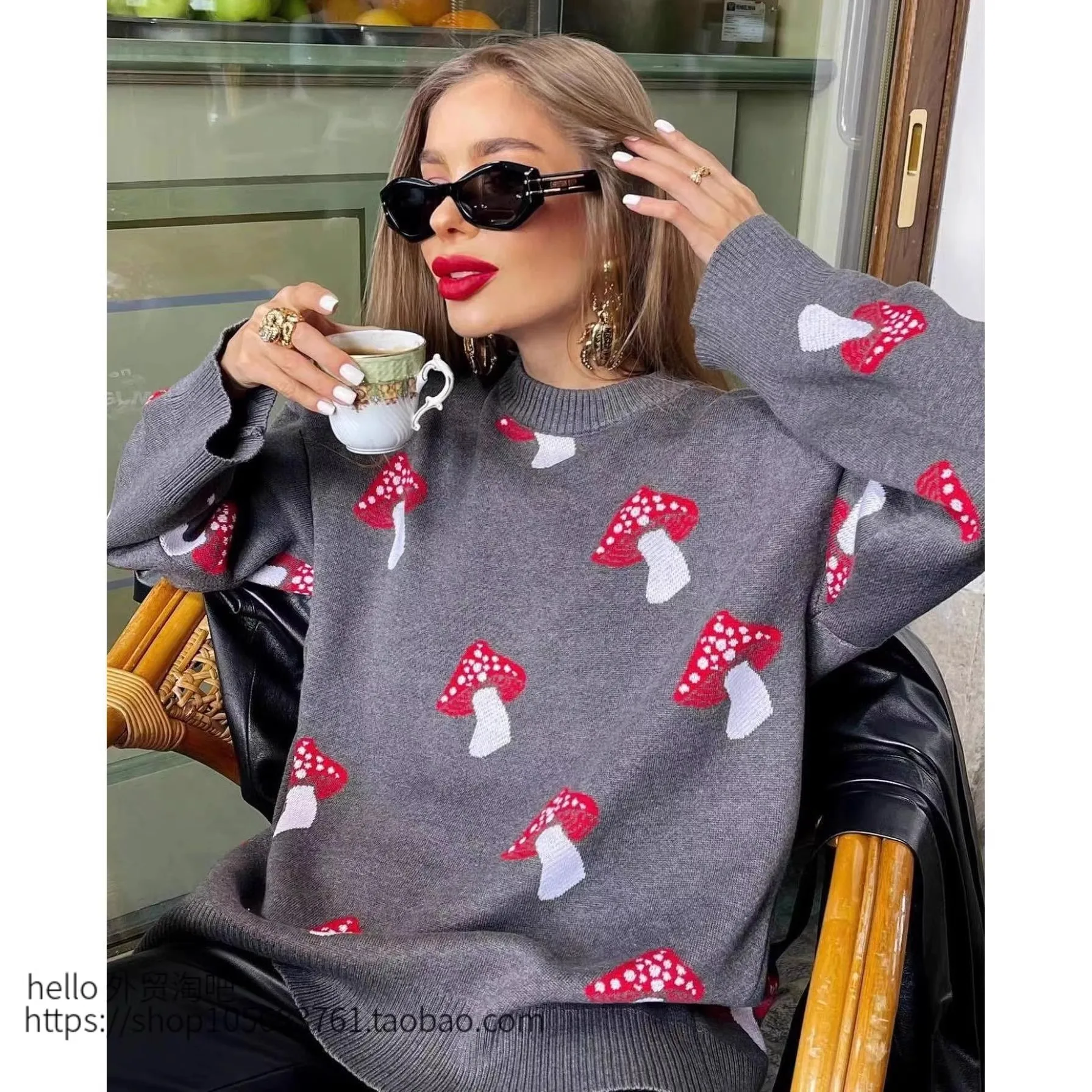 Loose Mushroom Printed Korea Sweater American Retro Round Neck Long Sleeve Fall 2024 Winter Warm Tops Women'S Sweater Pullover