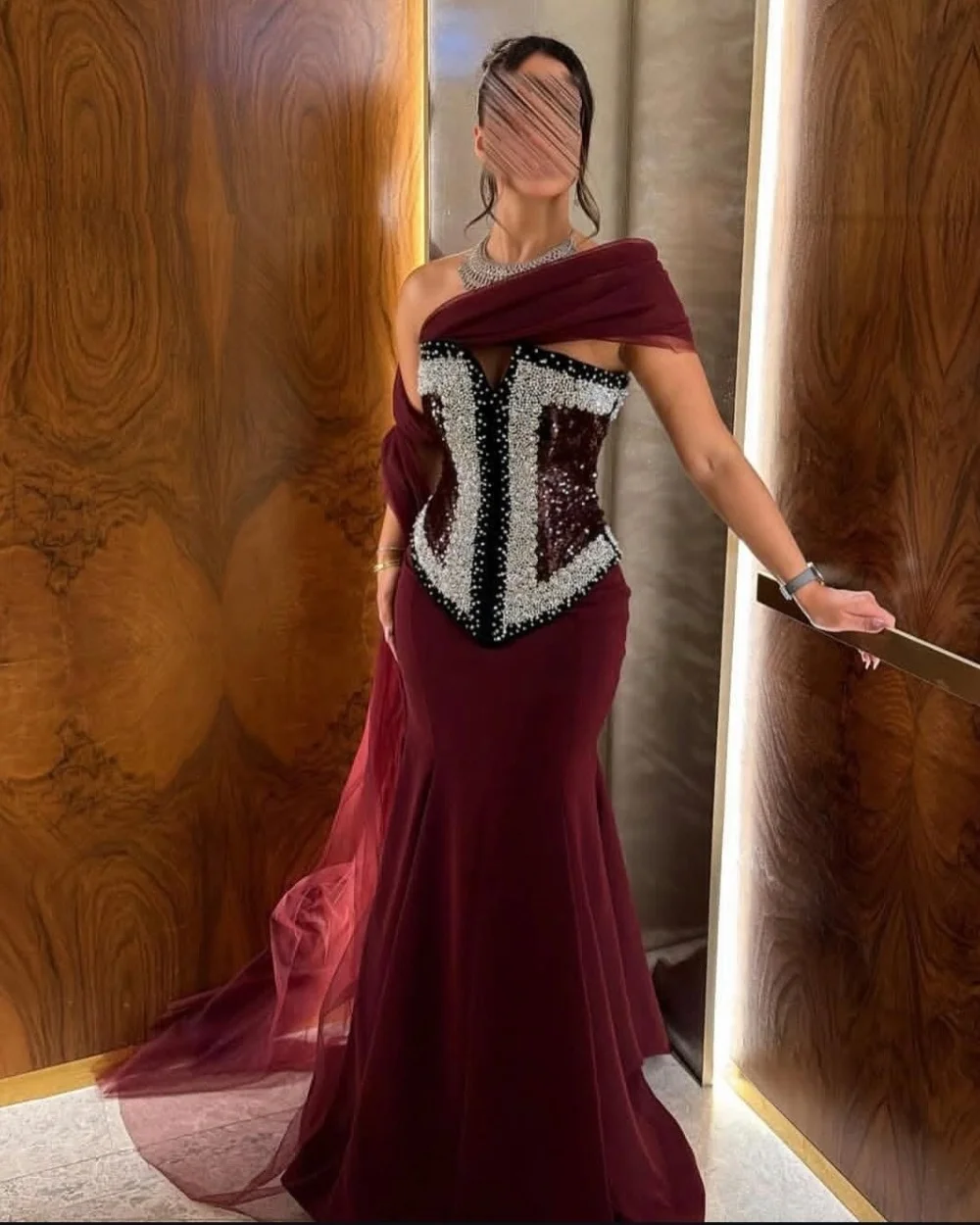 Customized Simple Jersey Pleat Sequined Pattern Trumpet One-shoulder Long Bespoke Occasion Evening Dresses Sparkle