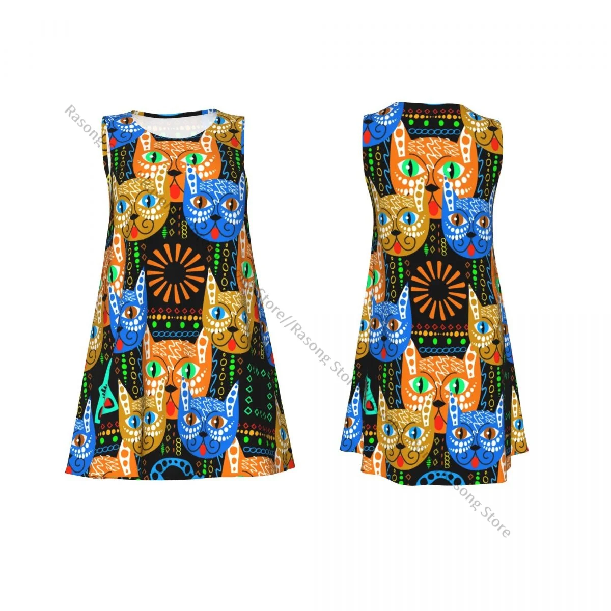 ชุดสตรีฤดูร้อน Casual T เสื้อชุดชายหาดสีสัน Tribal Ethnic แมวชุดถัง