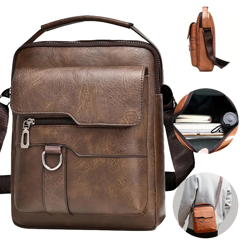 Multi-purpose men's shoulder bag for work, PU crossbody briefcase with handle, professional casual daypack