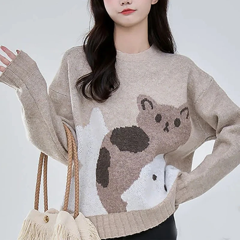 

2024 new cross-border cute animal cat jacquard round neck loose pullover sweater for autumn and winter, unisex sweater