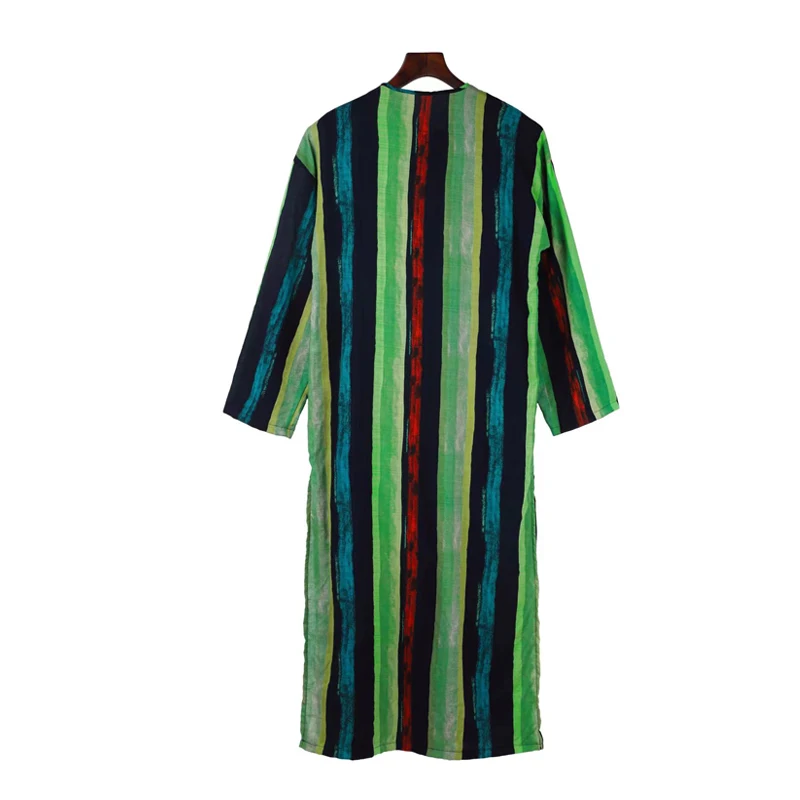 Men\'s Muslim Robes Striped Printed Long Sleeve Cotton Pockets Robes Button-down Leisure Vintage Islamic Arab Kaftan Dubai New