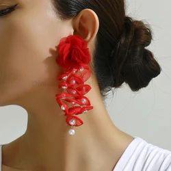 Elegant Female Fashion Yarn Flower Charm Decor Long Bride Wedding Party Jewelry Trend Lxuury Holiday Dangle Earrings For Women
