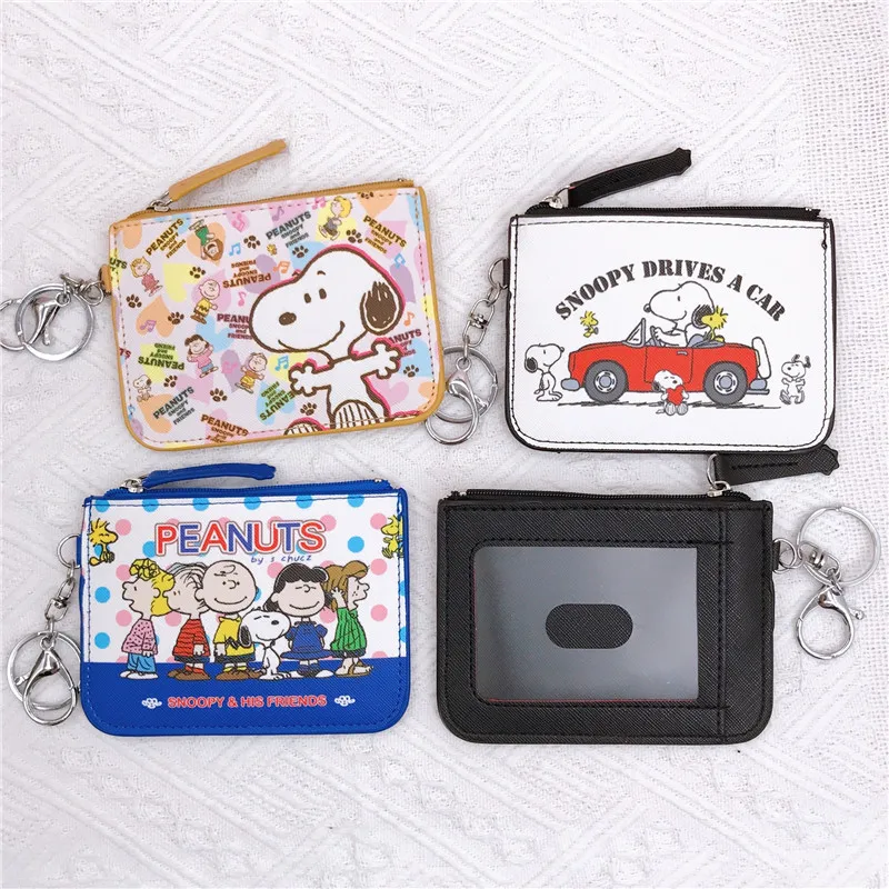Snoopys Card Sleeve Coin Purse, Leather Student Meal Card Wallet, Loose Change Wallet with Keychain Decorative