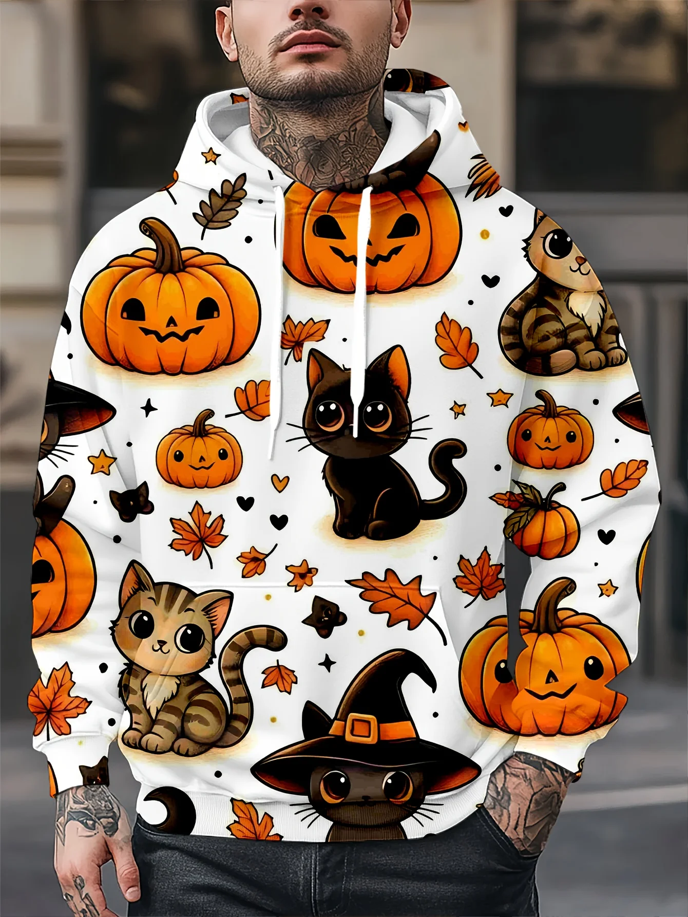 الرجال ثلاثية الأبعاد هالوين القط واليقطين طباعة مقنعين البلوز بأكمام طويلة بلوزة كاجوال لخريف وشتاء ملابس خارجية هوديس #2