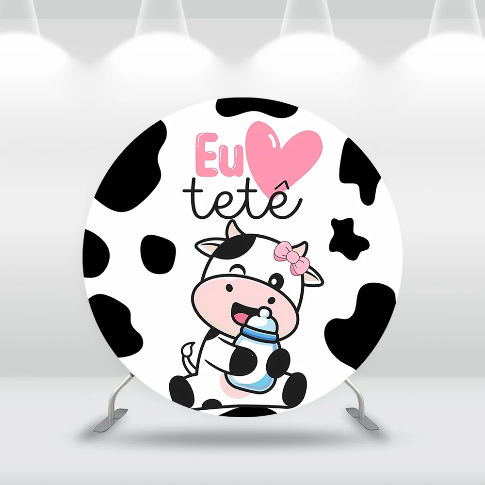 

Cute White Cow Round Backdrop for Kids First Birthday Party Decoration Pink Black Cow Prints Newborn Baby Shower Arch Wall Panel